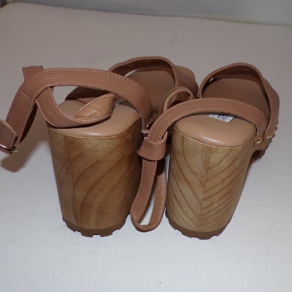 Steve Madden Ocala Tan Leather Ankle Strap Squared Open Toe Studded Wood - Picture 6 of 8